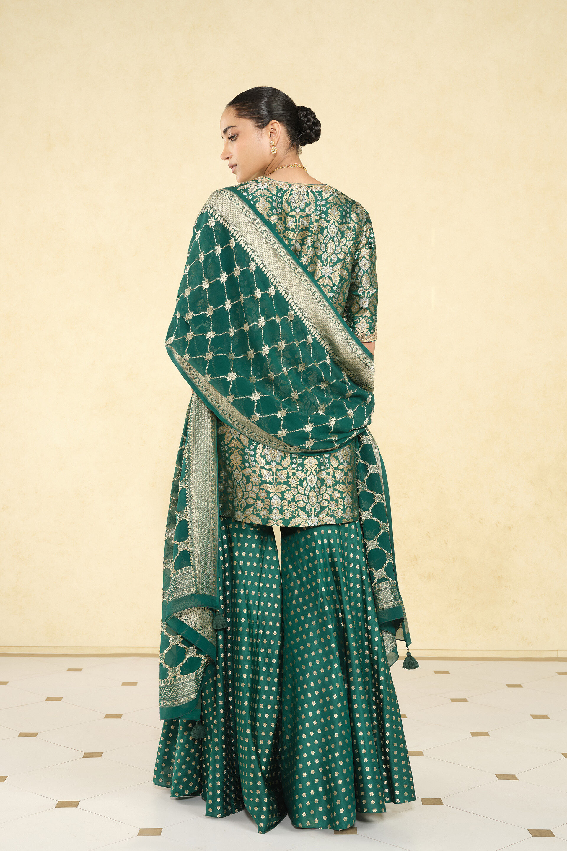 Khevna Handwoven Benarasi Silk Sharara Set - Green, Green, image 3